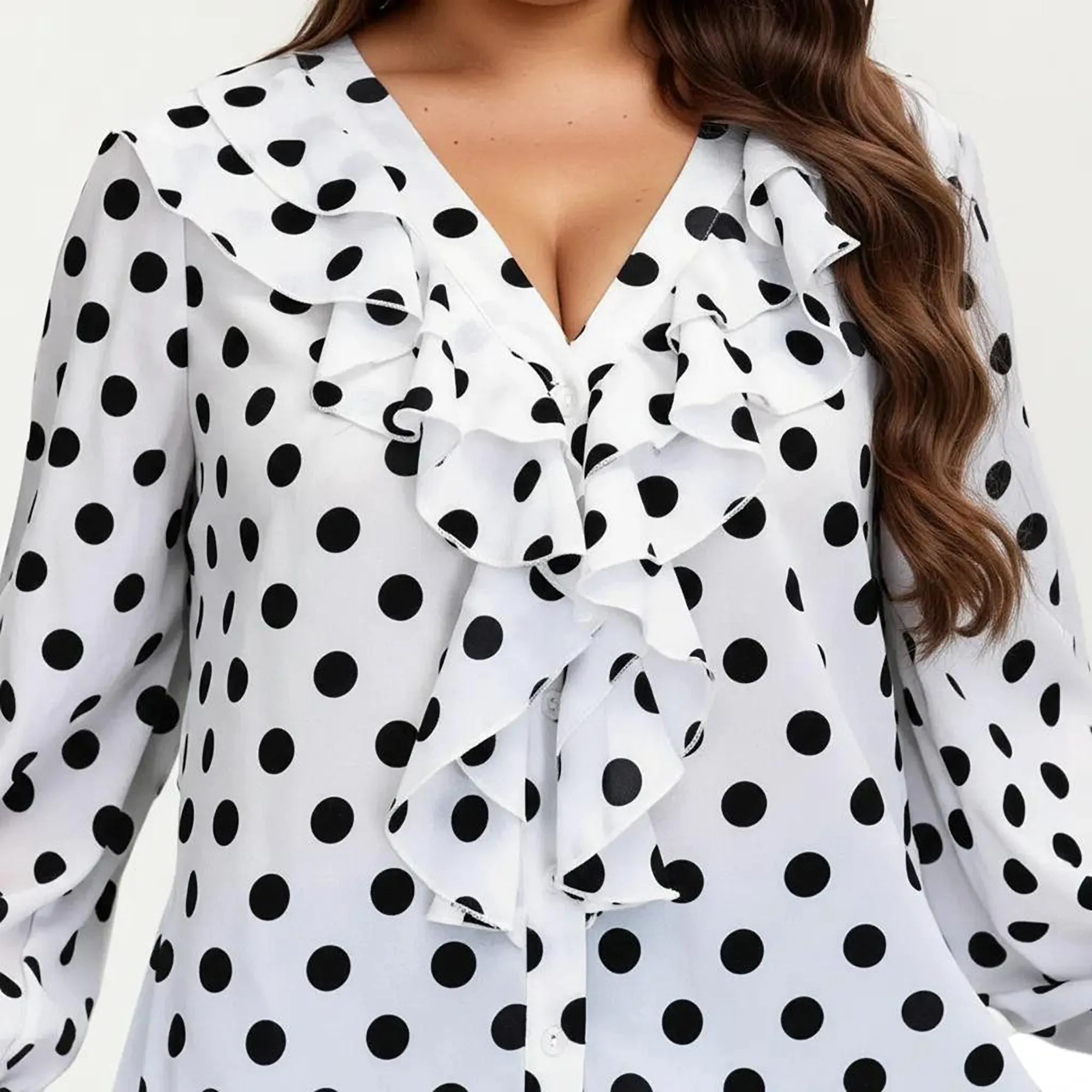 Anna-Kaci Women's Plus Size Long Sleeve Polka Dot Blouse with Ruffle Front Detail V Neck Lightweight Top sold by Anna-Kaci product image thumbnail 3