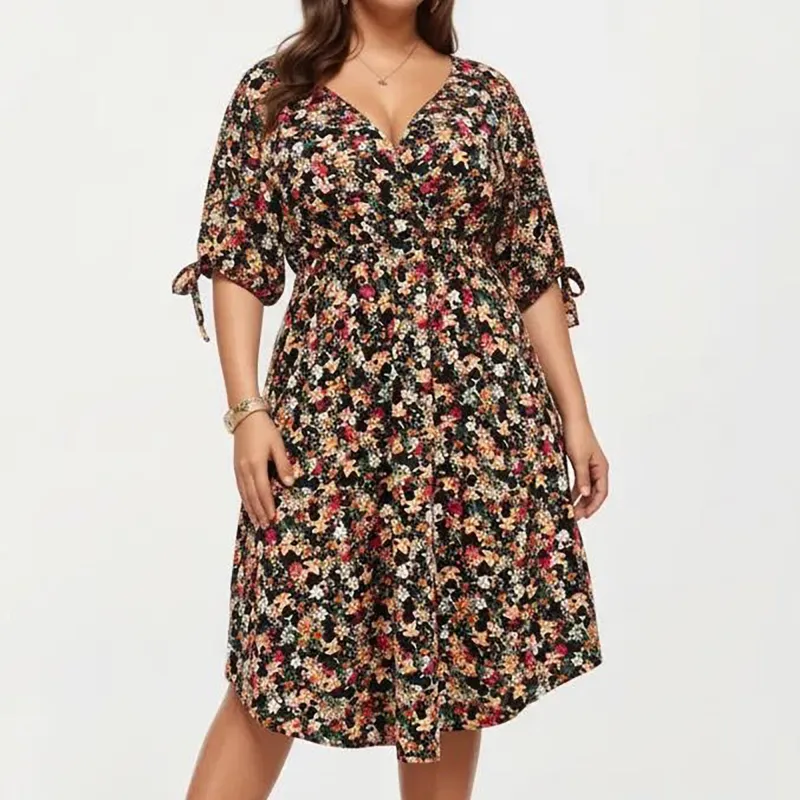 Anna-Kaci Women's Plus Size Short Sleeve V Neck Floral Wrap Dress with Adjustable Waist Tie Midi Length made by Anna-Kaci