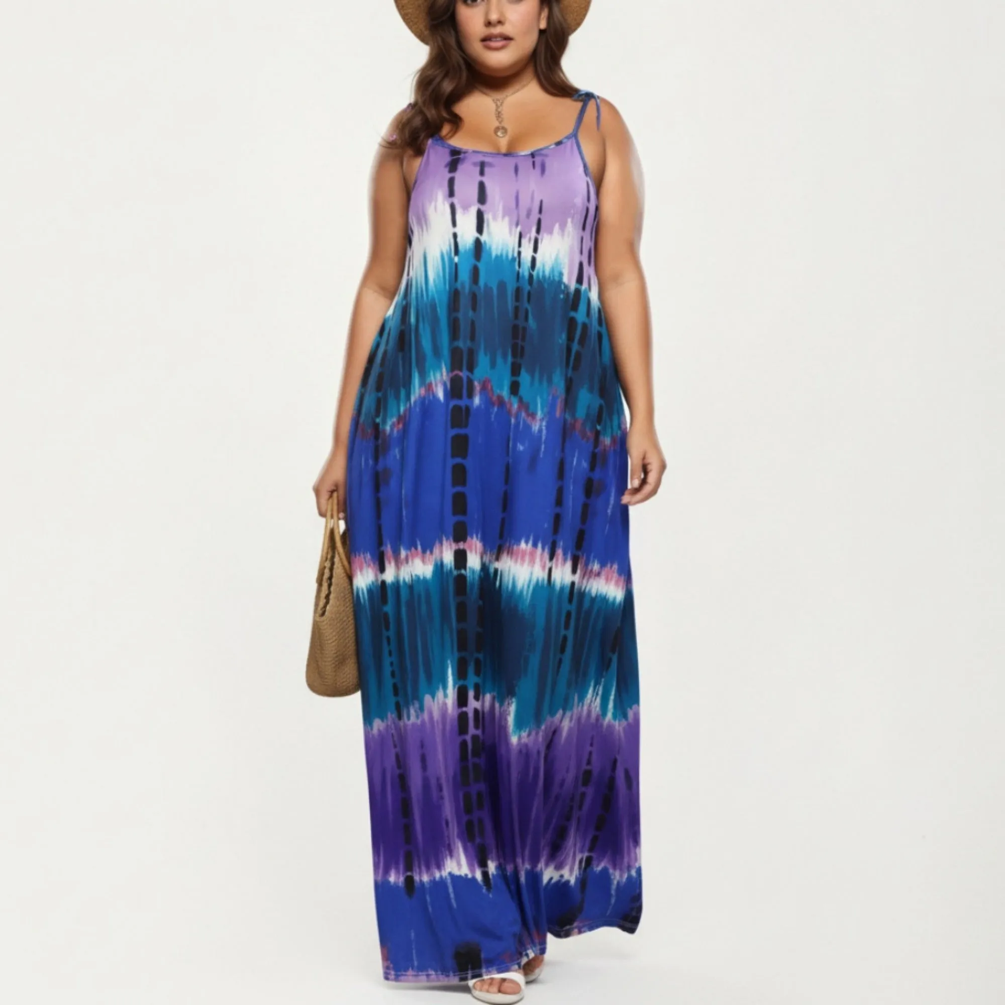 Anna-Kaci Plus Size Maxi Dress with Adjustable Strap Scoop Neck Tie Dye Print Loose Fit Casual Dress sold by Anna-Kaci