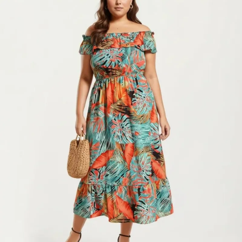 Anna-Kaci Off Shoulder Tropical Print Midi Dress with Ruffle Neckline Elastic Waist Tiered Hem Flowy Dress made by Anna-Kaci