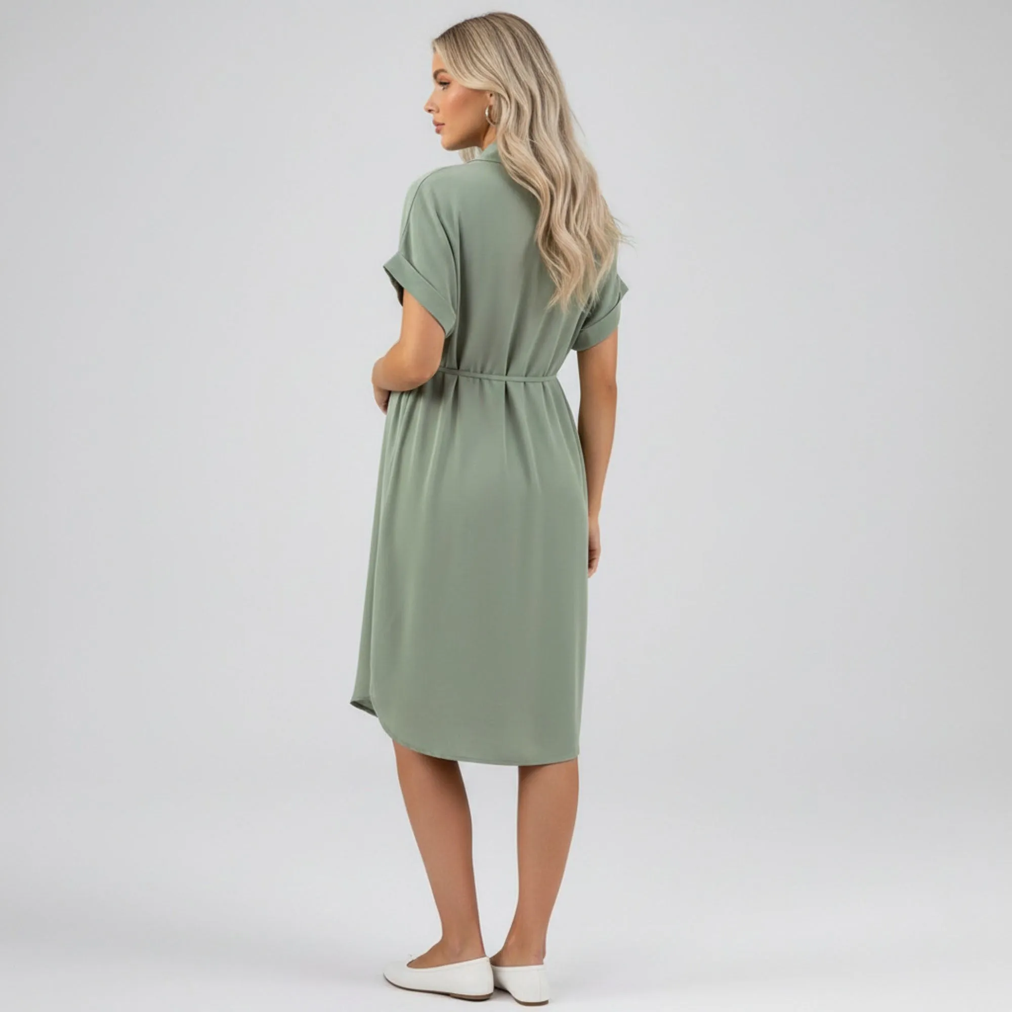 Anna-Kaci Women's Maternity Button Down Shirt Dress with Adjustable Tie Waist Collared Midi Dress sold by Anna-Kaci product image thumbnail 4