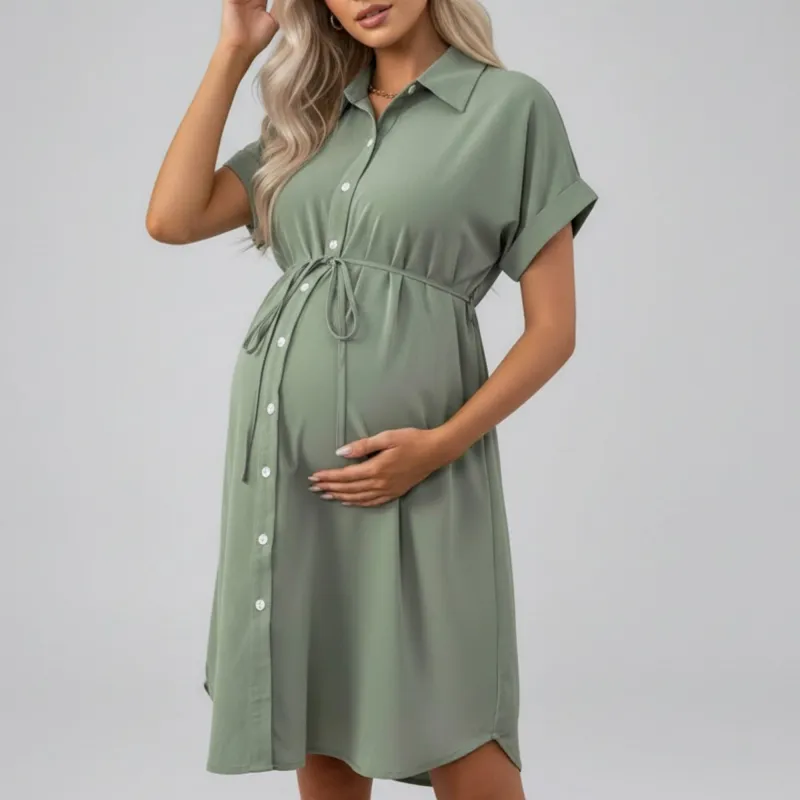 Anna-Kaci Women's Maternity Button Down Shirt Dress with Adjustable Tie Waist Collared Midi Dress made by Anna-Kaci