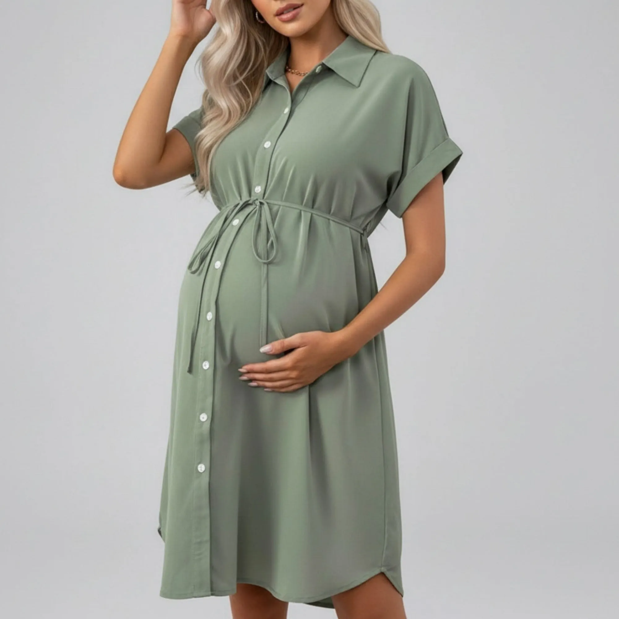 Anna-Kaci Women's Maternity Button Down Shirt Dress with Adjustable Tie Waist Collared Midi Dress sold by Anna-Kaci