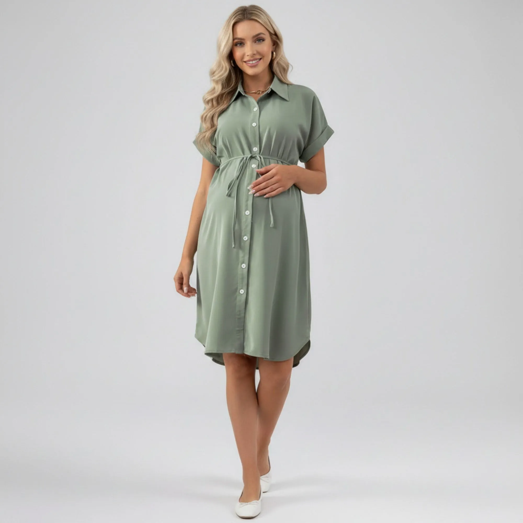 Anna-Kaci Women's Maternity Button Down Shirt Dress with Adjustable Tie Waist Collared Midi Dress sold by Anna-Kaci product image thumbnail 2