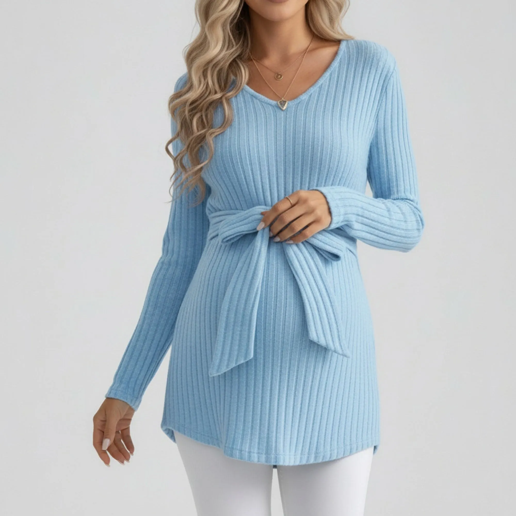 Anna-Kaci Women's Maternity Ribbed Knit Long Sleeve Tunic Top with V Neck Tie Waist Soft Stretch Shirt sold by Anna-Kaci