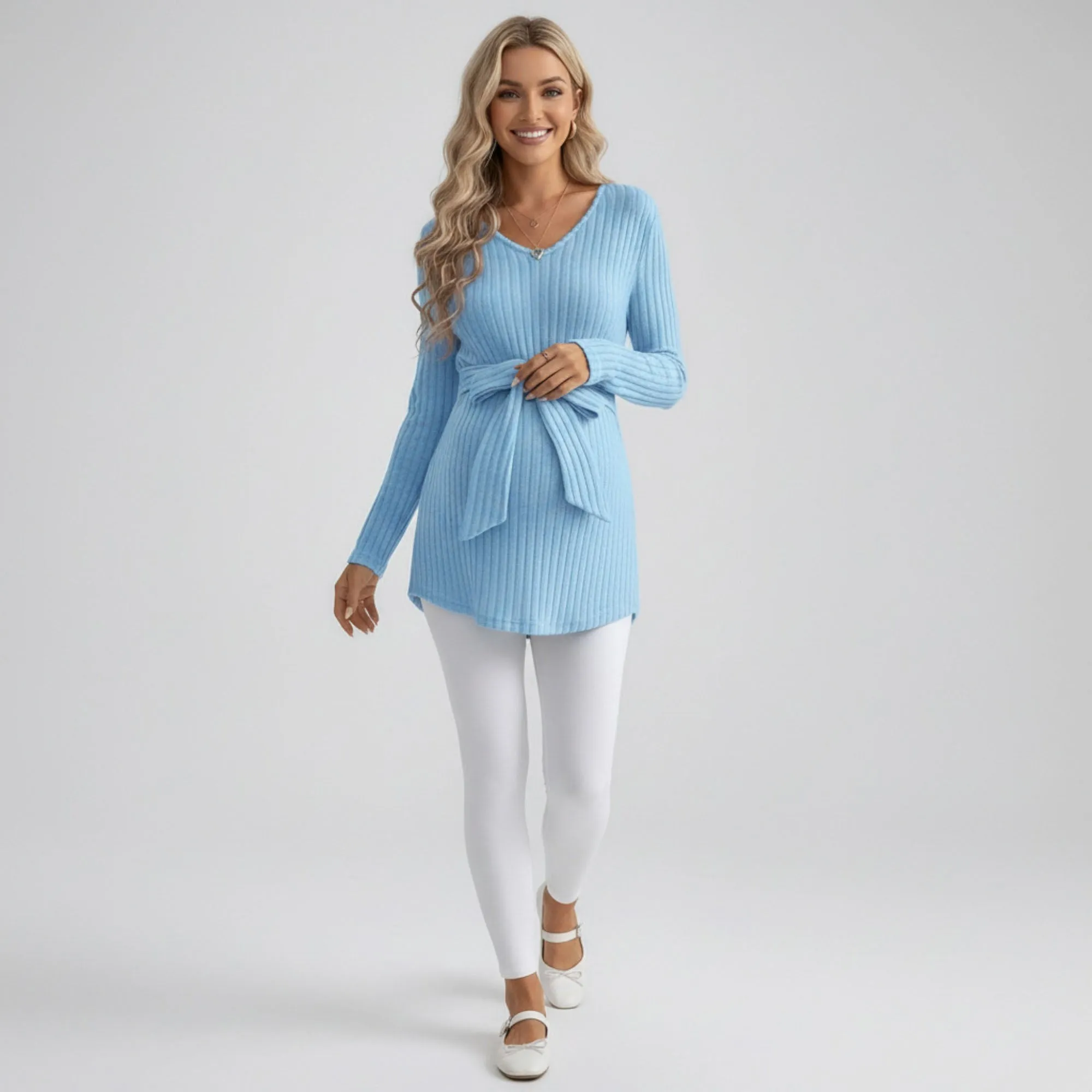Anna-Kaci Women's Maternity Ribbed Knit Long Sleeve Tunic Top with V Neck Tie Waist Soft Stretch Shirt sold by Anna-Kaci product image thumbnail 2