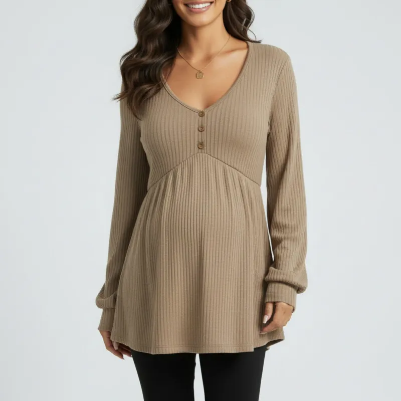 Anna-Kaci Women's Maternity Ribbed Knit Long Sleeve Tunic Top with Button Front V Neck Empire Waist Shirt made by Anna-Kaci