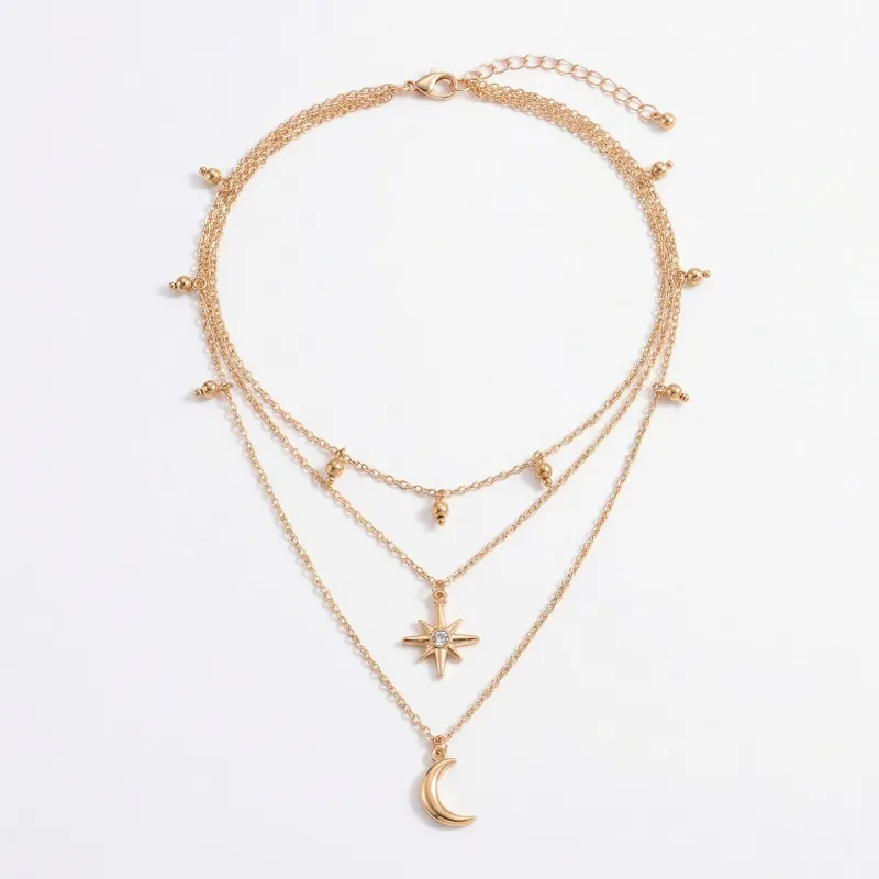 Anna-Kaci Layered Necklace with Star and Moon Pendant Crystal Accent Multi Strand Adjustable Chain Jewelry made by Anna-Kaci