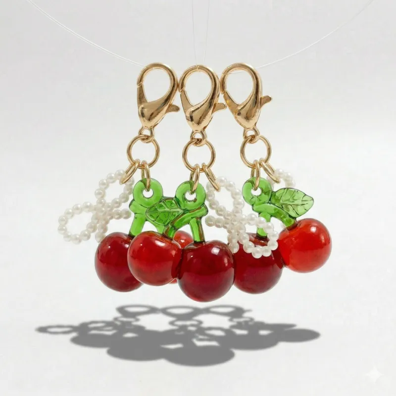 Anna-Kaci Women's 3 Pcs Cherry Charm Clip Set with Faux Pearl Accent Decorative Bag Charm Keychain Accessory made by Anna-Kaci