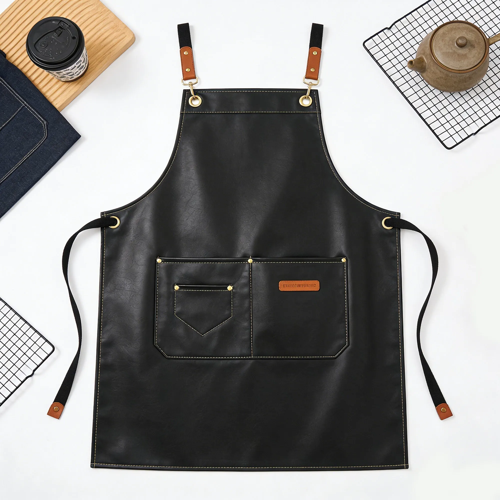 Anna-Kaci PU Leather Kitchen Apron with Multi Pocket Work Apron for Cooking Barista Grilling sold by Anna-Kaci product image thumbnail 2