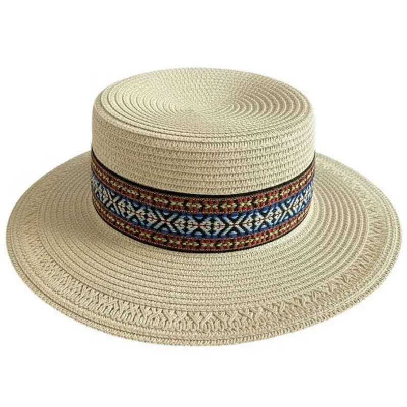 Womens Straw Boater Hat Wide Brim Summer Beach Hat Woven Band Flat Top Sun Hat made by Anna-Kaci