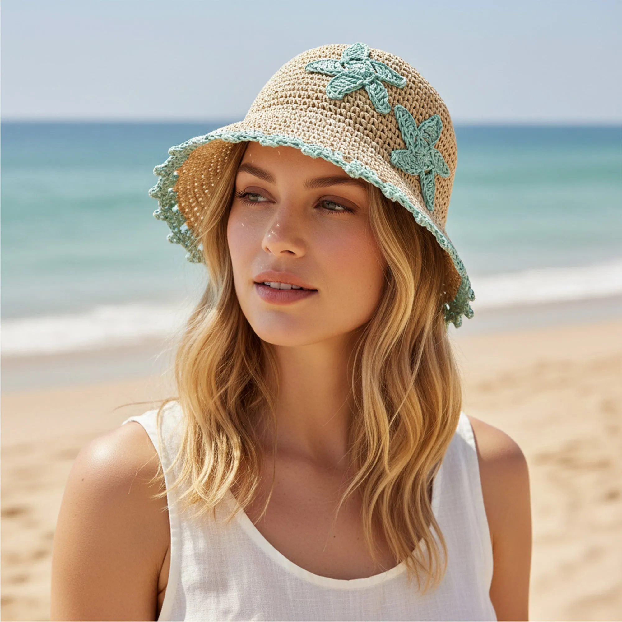 Anna-Kaci Women Woven Straw Bucket Hat Wide Brim Lightweight Sun Hat with Floral Applique Detail sold by Anna-Kaci product image thumbnail 2