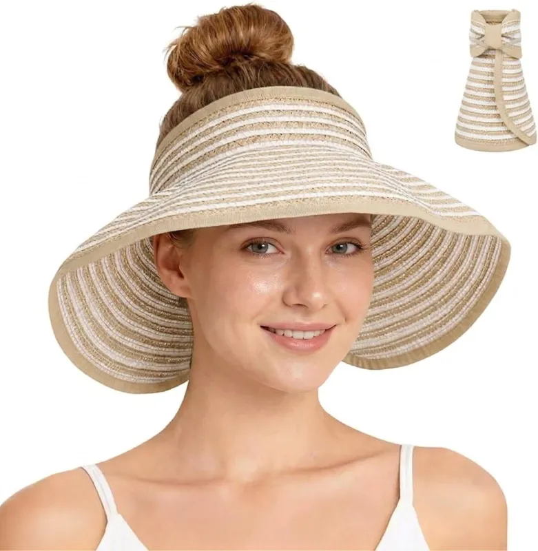 Anna-Kaci Women's Roll-Up Straw Visor Hat Wide Brim Striped Sun Hat Bow Adjustable Open Top Beach Cap made by Anna-Kaci