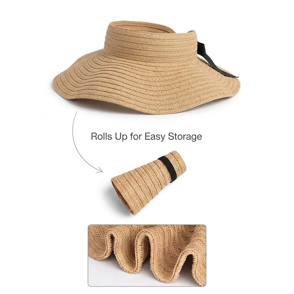 Anna-Kaci Women Straw Sun Visor Hat Wide Brim Rollable Packable Adjustable Open Top Summer Hat sold by Anna-Kaci product image thumbnail 4