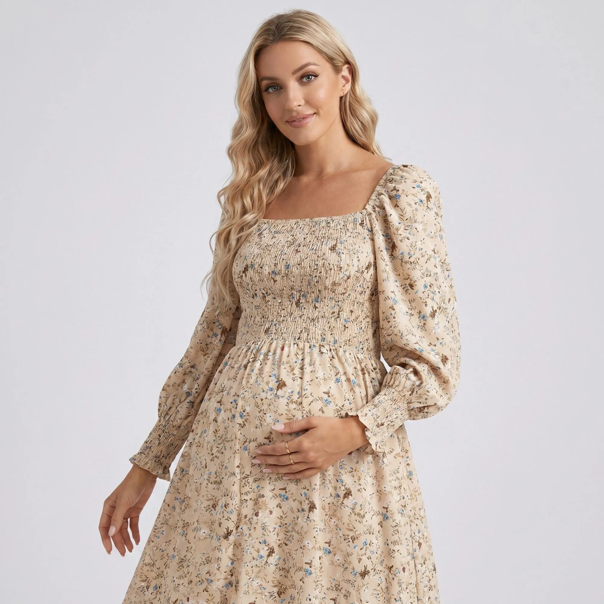 Anna-Kaci Women's Maternity Floral Square Neck Midi Dress with Long Sleeves and Smocked Bodice sold by Anna-Kaci product image thumbnail 5