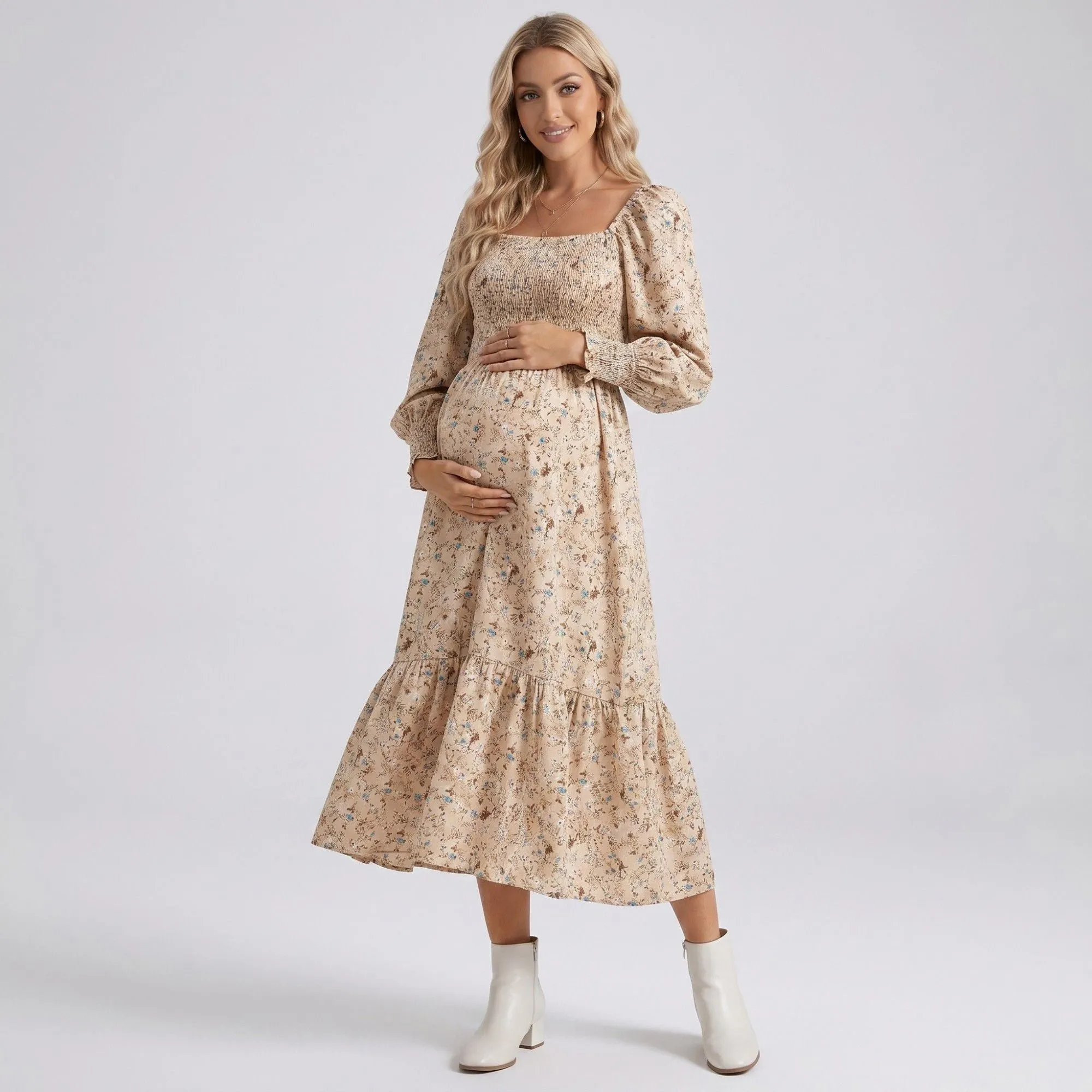 Anna-Kaci Women's Maternity Floral Square Neck Midi Dress with Long Sleeves and Smocked Bodice sold by Anna-Kaci product image thumbnail 2