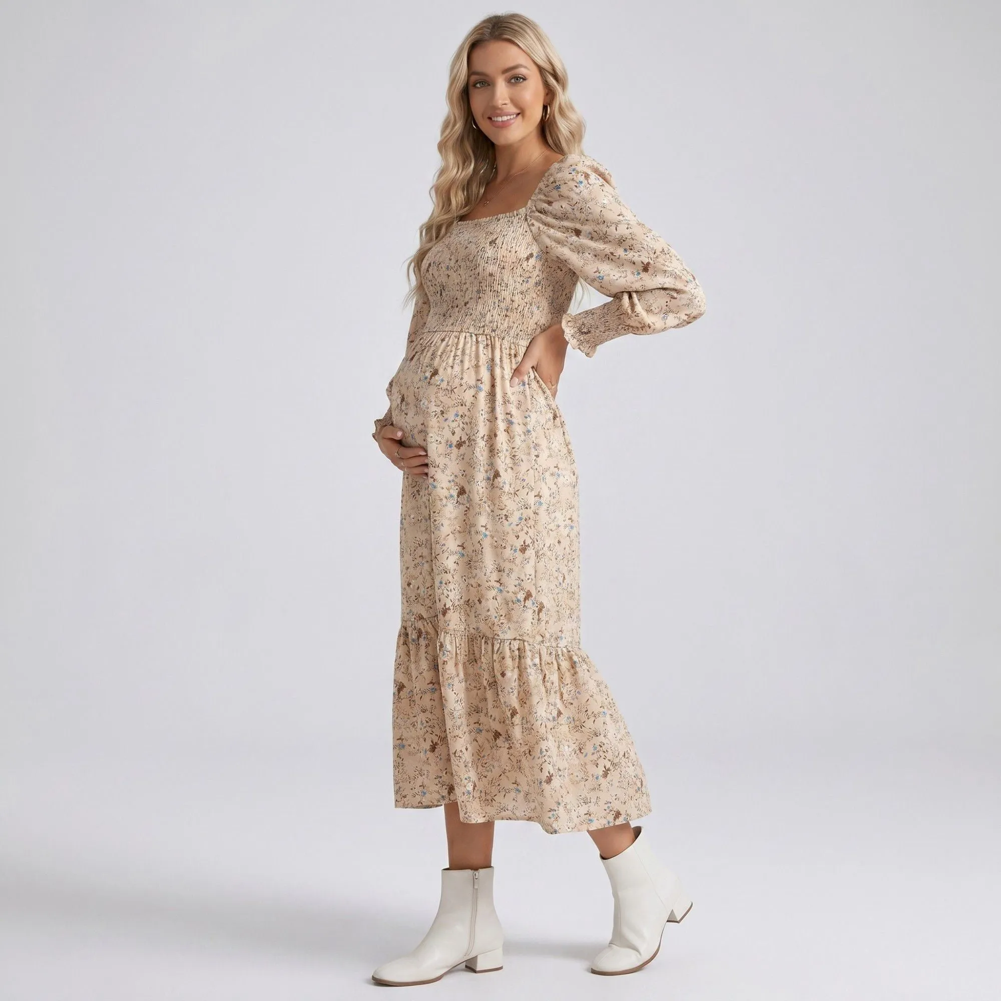 Anna-Kaci Women's Maternity Floral Square Neck Midi Dress with Long Sleeves and Smocked Bodice sold by Anna-Kaci product image thumbnail 3