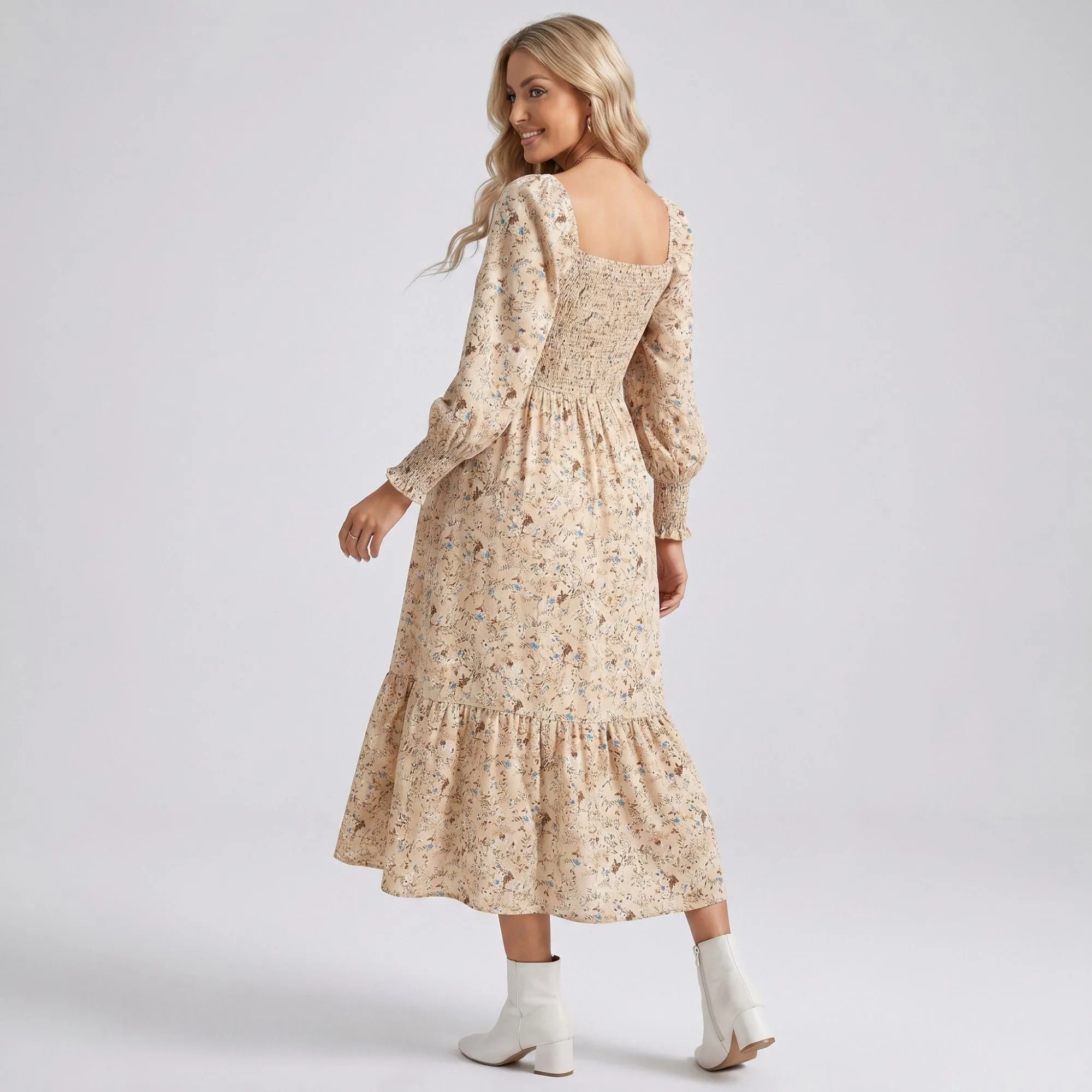 Anna-Kaci Women's Maternity Floral Square Neck Midi Dress with Long Sleeves and Smocked Bodice sold by Anna-Kaci product image thumbnail 4