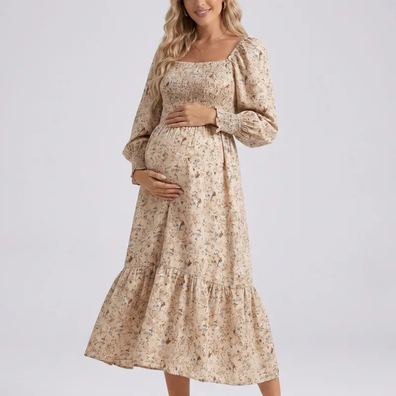 Anna-Kaci Women's Maternity Floral Square Neck Midi Dress with Long Sleeves and Smocked Bodice made by Anna-Kaci