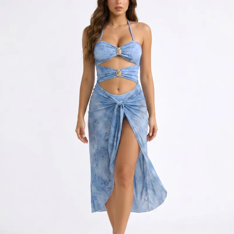 Women's 2-Piece Halter Cutout One Piece Swimsuit with Tie Front Wrap Skirt made by Anna-Kaci
