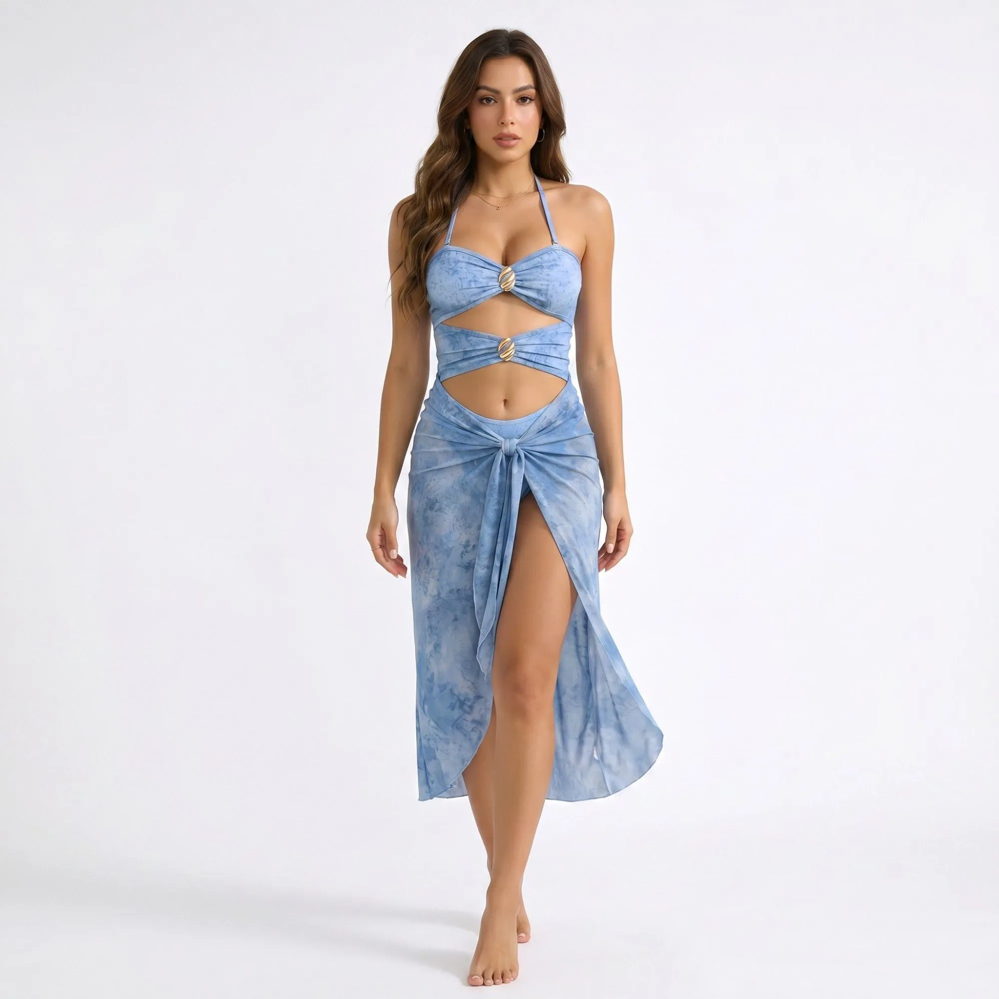 Women's 2-Piece Halter Cutout One Piece Swimsuit with Tie Front Wrap Skirt sold by Anna-Kaci product image thumbnail 2
