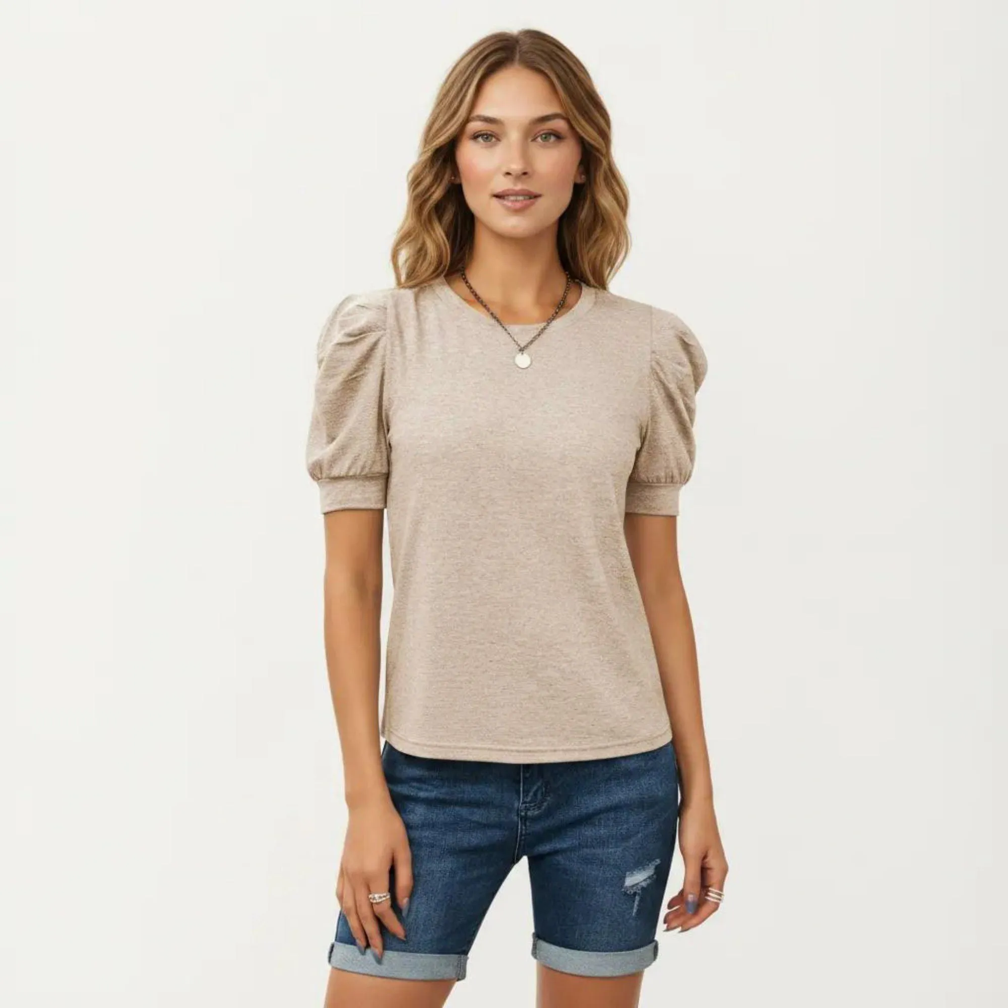 Anna-Kaci Women's Short Sleeve Puff Sleeve Knit Top with Crew Neck and Soft Textured Fabric sold by Anna-Kaci product image thumbnail 2