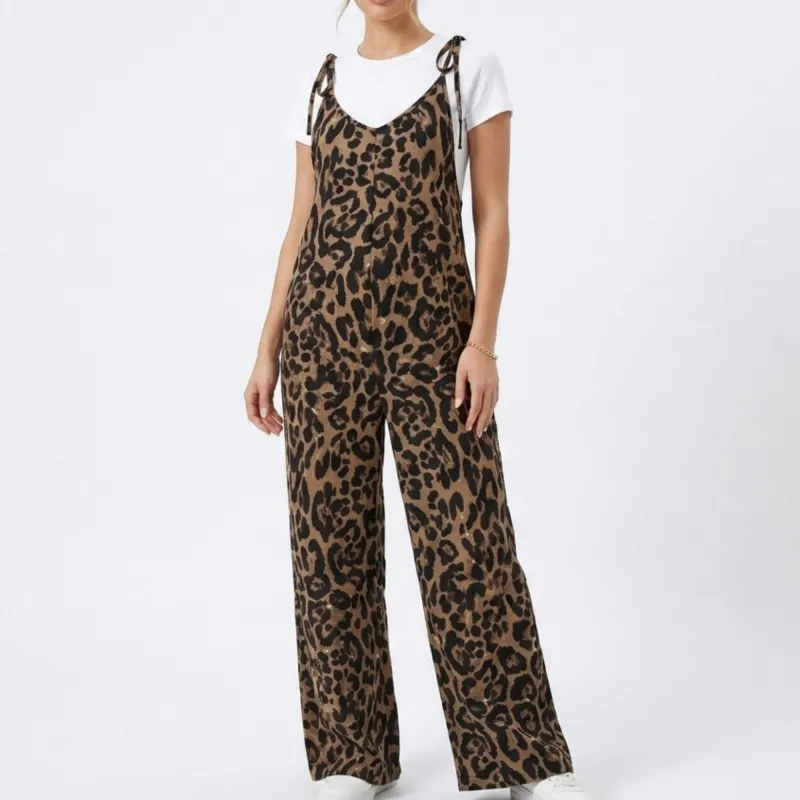 Anna-Kaci Women's Maternity Leopard Print Wide Leg Jumpsuit with Tie Shoulder Straps and Layered Tee Look made by Anna-Kaci