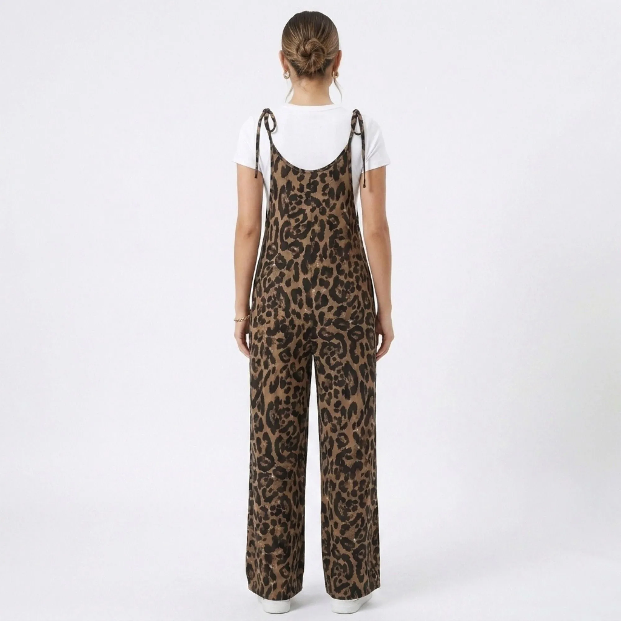 Anna-Kaci Women's Maternity Leopard Print Wide Leg Jumpsuit with Tie Shoulder Straps and Layered Tee Look sold by Anna-Kaci product image thumbnail 5