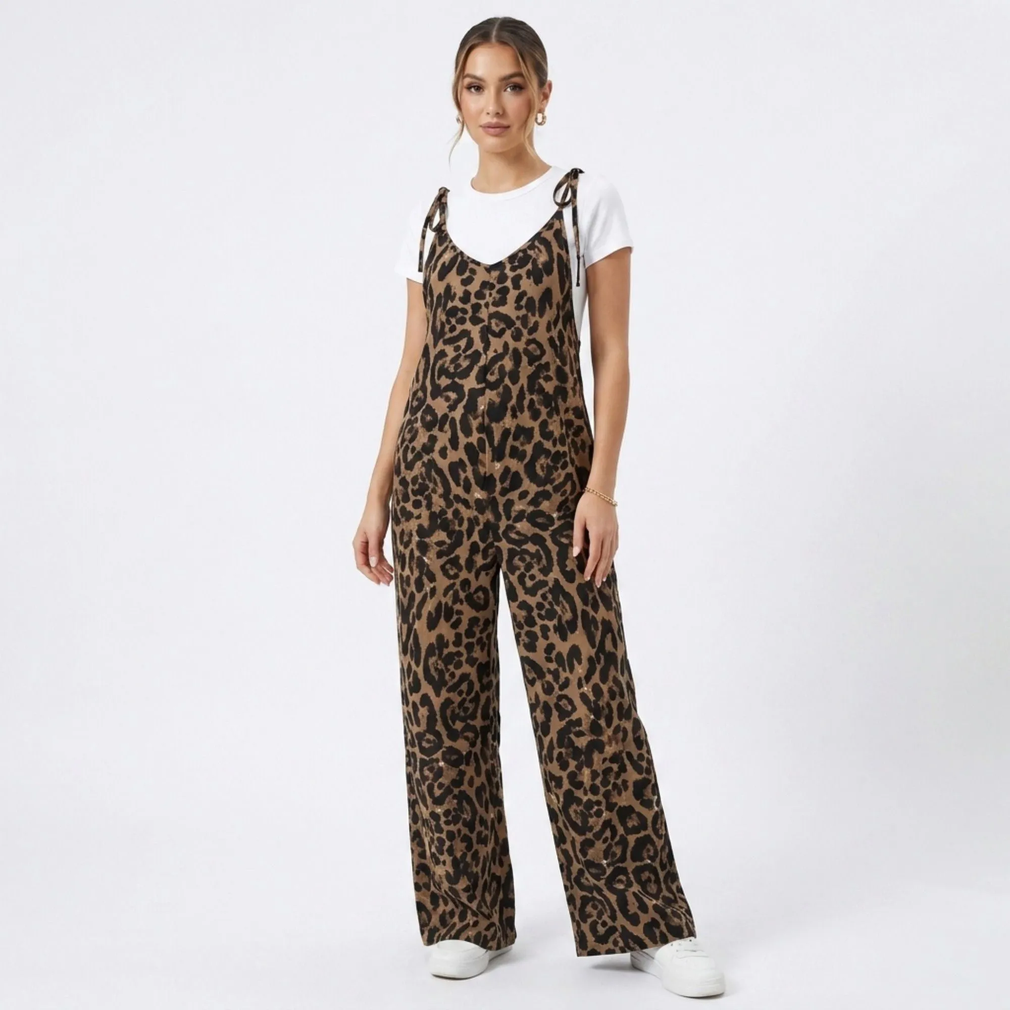 Anna-Kaci Women's Maternity Leopard Print Wide Leg Jumpsuit with Tie Shoulder Straps and Layered Tee Look sold by Anna-Kaci product image thumbnail 2