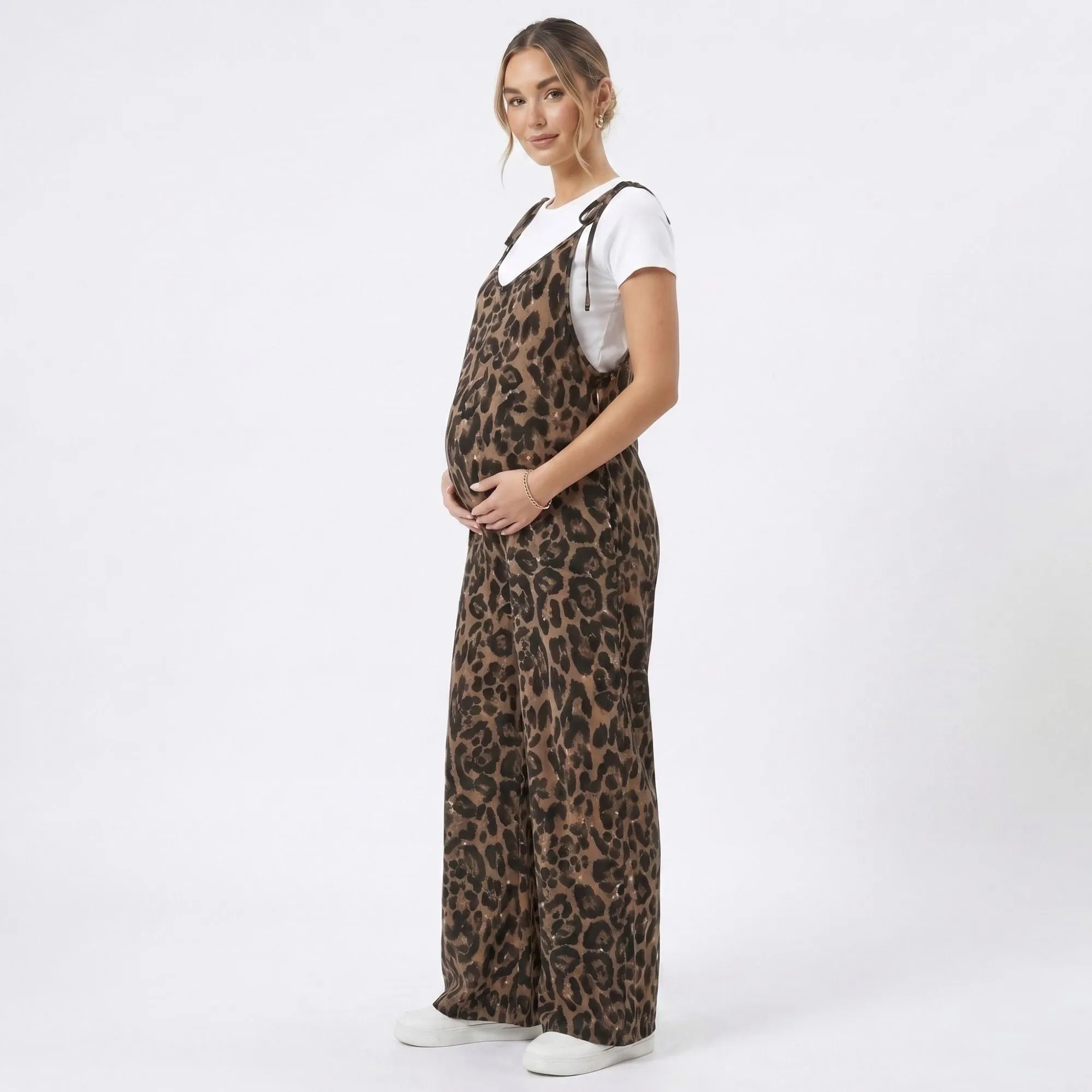 Anna-Kaci Women's Maternity Leopard Print Wide Leg Jumpsuit with Tie Shoulder Straps and Layered Tee Look sold by Anna-Kaci product image thumbnail 3