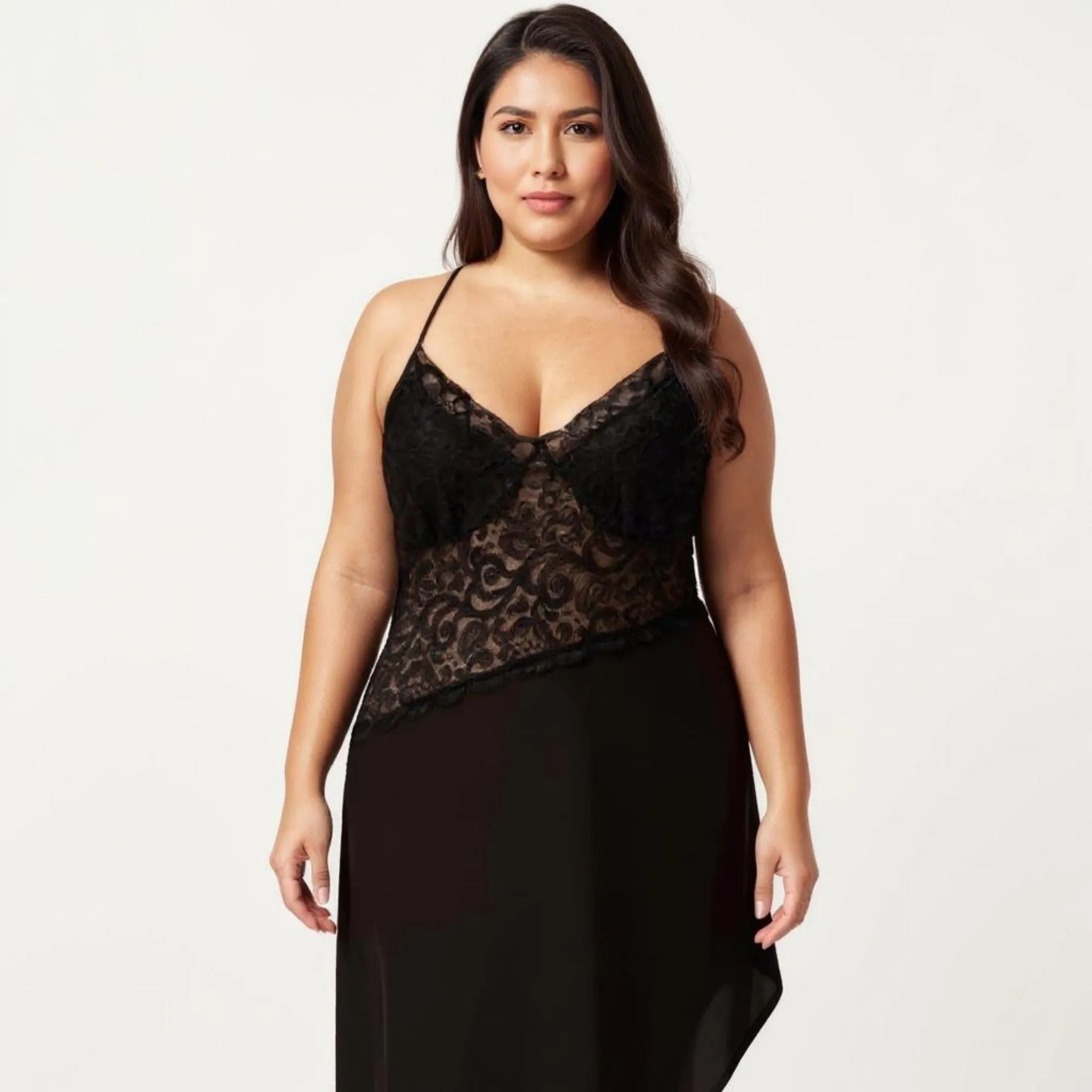 Anna-Kaci Lounge Women's Plus Size Lace Panel Slip Nightgown with Adjustable Spaghetti Straps V Neck Asymmetrical Hem Sleepwear sold by Anna-Kaci product image thumbnail 4