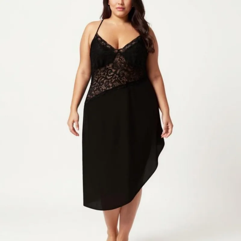 Anna-Kaci Lounge Women's Plus Size Lace Panel Slip Nightgown with Adjustable Spaghetti Straps V Neck Asymmetrical Hem Sleepwear made by Anna-Kaci