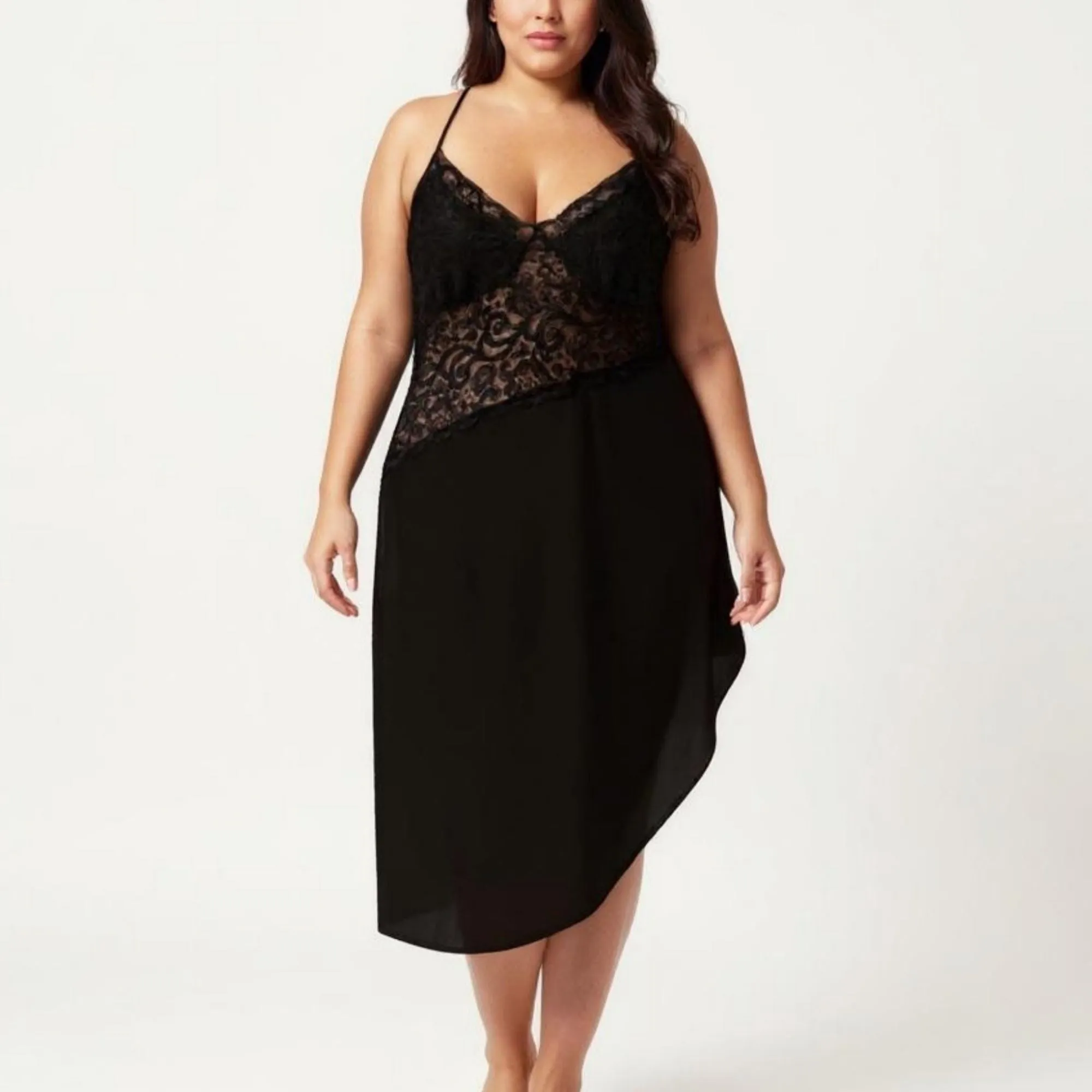 Anna-Kaci Lounge Women's Plus Size Lace Panel Slip Nightgown with Adjustable Spaghetti Straps V Neck Asymmetrical Hem Sleepwear sold by Anna-Kaci