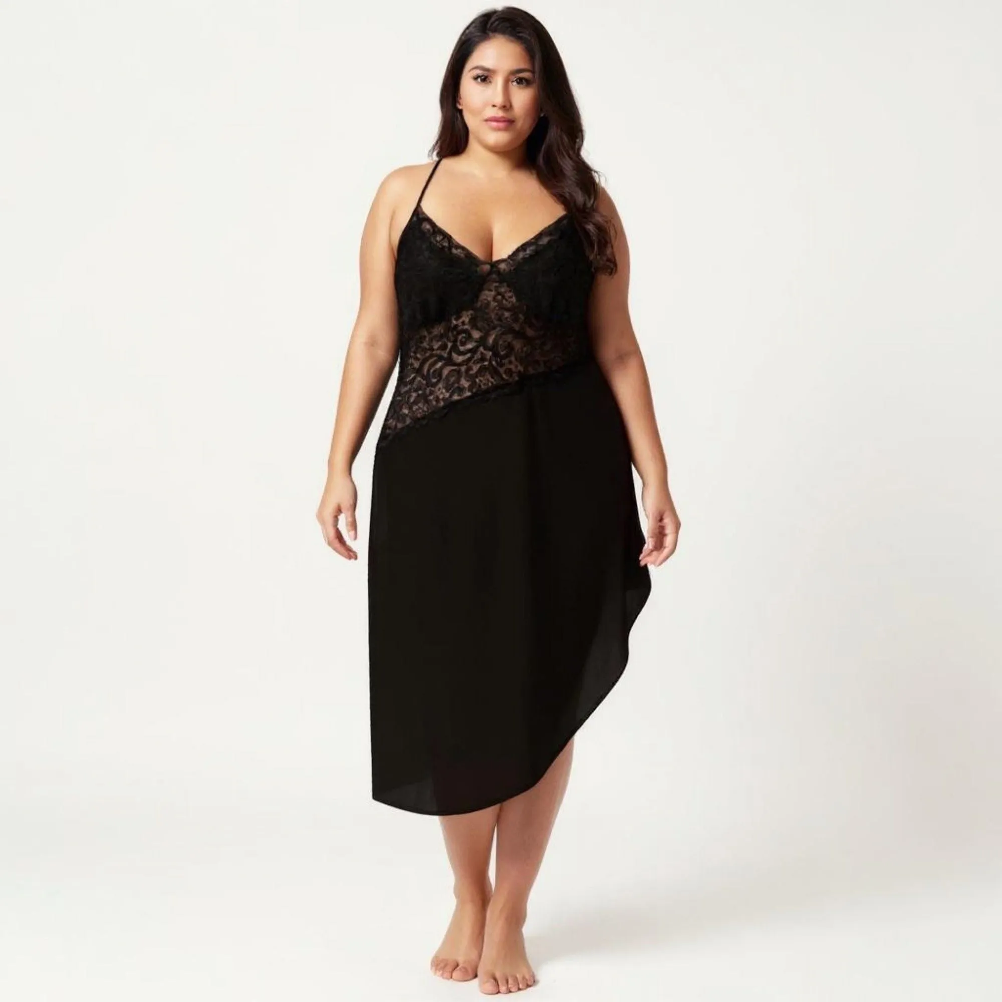 Anna-Kaci Lounge Women's Plus Size Lace Panel Slip Nightgown with Adjustable Spaghetti Straps V Neck Asymmetrical Hem Sleepwear sold by Anna-Kaci product image thumbnail 2