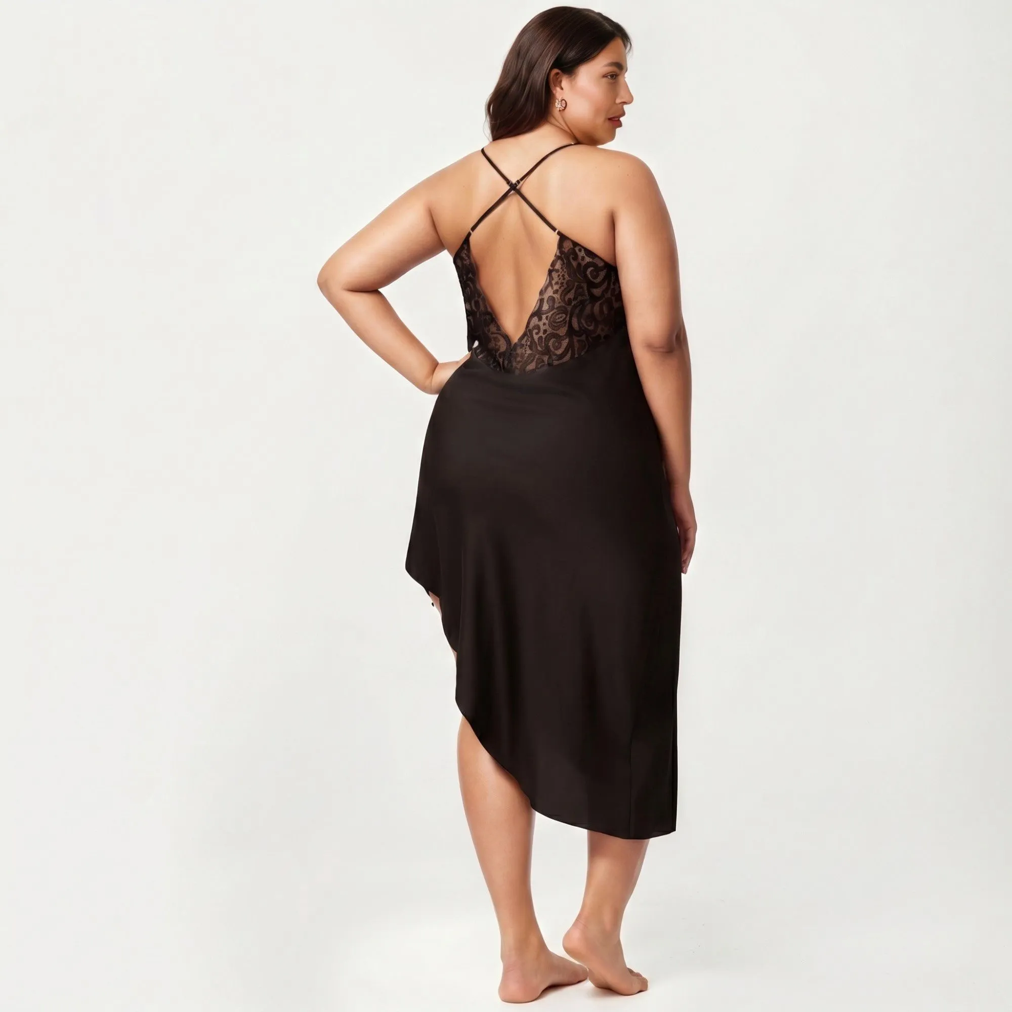 Anna-Kaci Lounge Women's Plus Size Lace Panel Slip Nightgown with Adjustable Spaghetti Straps V Neck Asymmetrical Hem Sleepwear sold by Anna-Kaci product image thumbnail 3