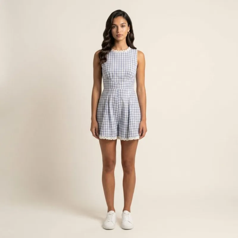 Anna-Kaci Women's Gingham Romper Sleeveless Lace Trim Fit and Flare Lightweight Casual One Piece made by Anna-Kaci