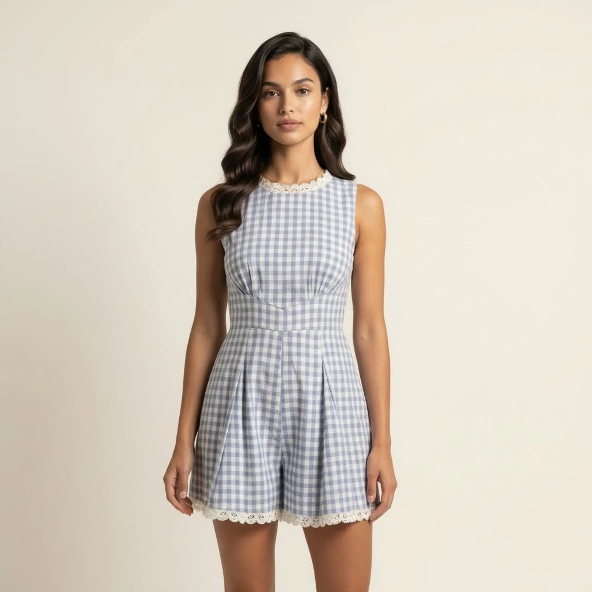 Anna-Kaci Women's Gingham Romper Sleeveless Lace Trim Fit and Flare Lightweight Casual One Piece sold by Anna-Kaci product image thumbnail 2