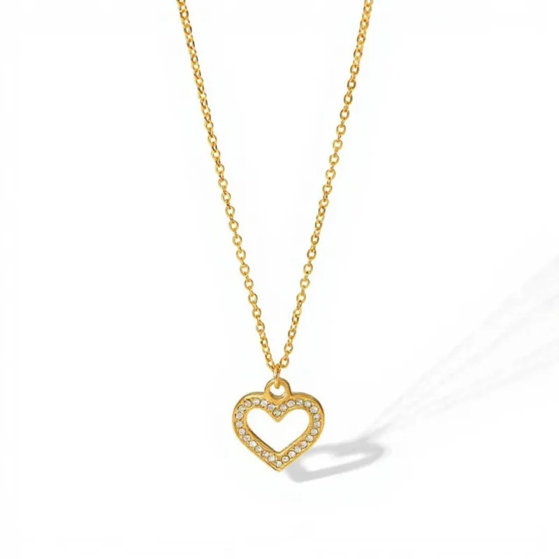 Open Heart Pendant Necklace with Rhinestone Outline Delicate Chain Jewelry made by Anna-Kaci
