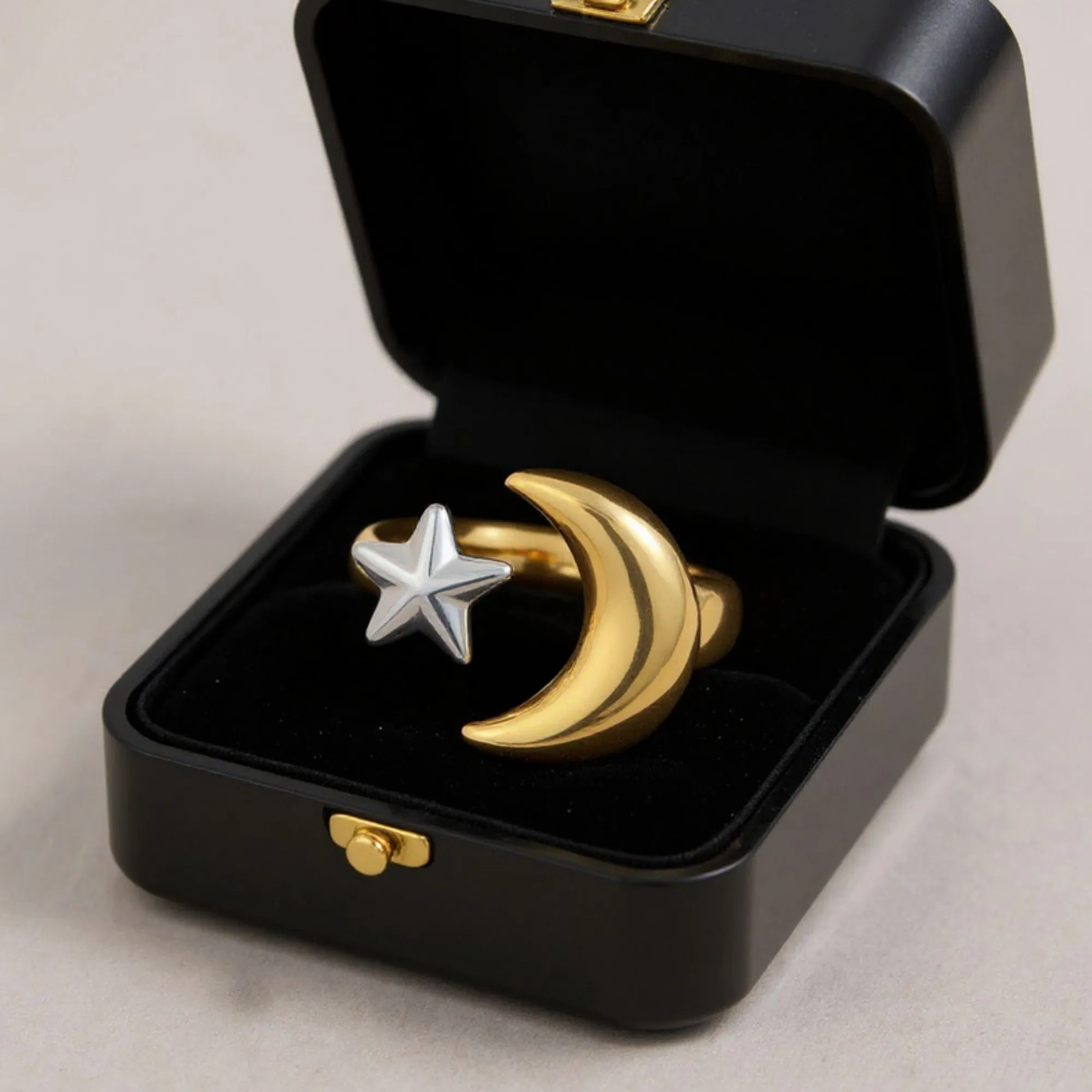 Moon and Star Adjustable Mixed Metal Statement Ring sold by Anna-Kaci product image thumbnail 2