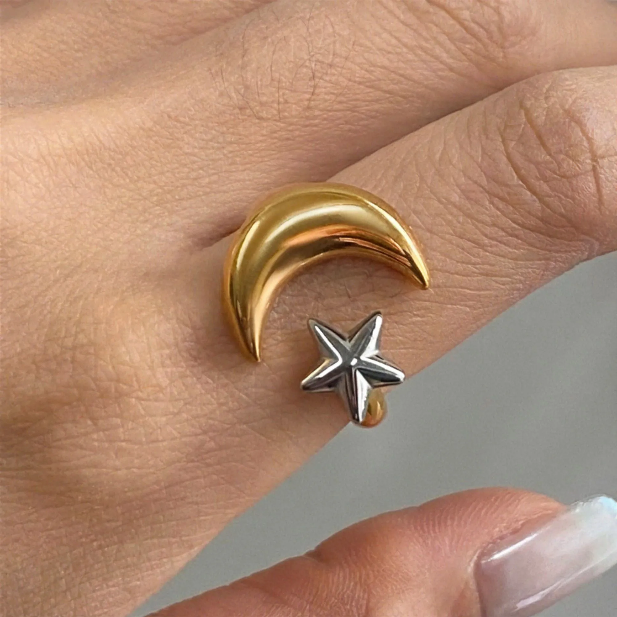 Moon and Star Adjustable Mixed Metal Statement Ring sold by Anna-Kaci product image thumbnail 4