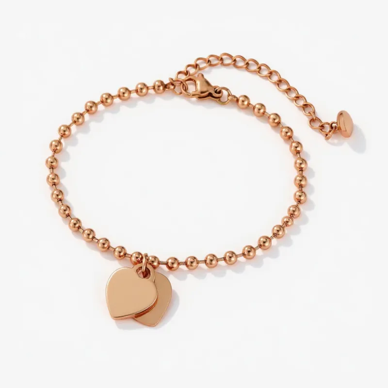 Beaded Bracelet with Dual Heart Charms Elegant Polished Metal Accents Adjustable Chain Detail for a Refined Valentine Look made by Anna-Kaci