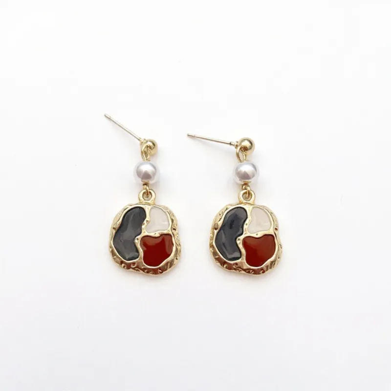 Abstract Enamel Drop Earrings with Textured Metal Frame and Pearl Accent for a Modern Artistic Feminine Statement Accessory made by Anna-Kaci