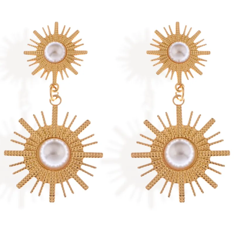 Women's Gold Tone Sunburst Dangle Fashion Earrings with Pearl Accents made by Anna-Kaci