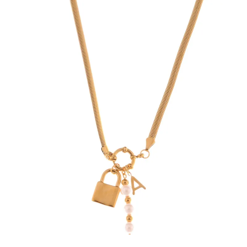 Fashion Gold-Tone Lock Pendant Fashion Necklace with Pearl and Initial Charm Details made by Anna-Kaci