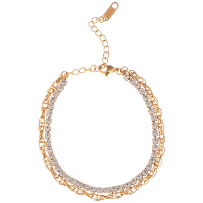 Dual Chain Rhinestone Fashion Bracelet with Gold Tone Finish made by Anna-Kaci