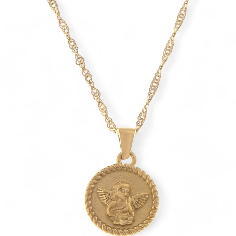 Women's Gold Tone Angel Medallion Pendant Fashion Necklace with Twisted Rope Chain made by Anna-Kaci