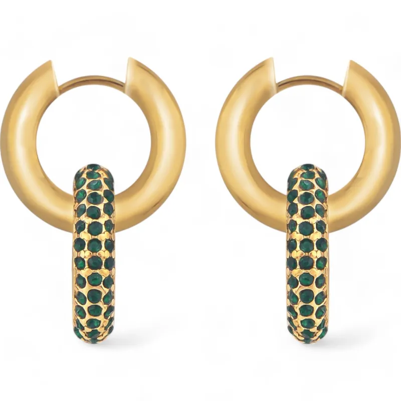 Women's Gold Tone Hoop Earrings with Emerald Green Crystal Encrusted Accent Fashion Ring made by Anna-Kaci