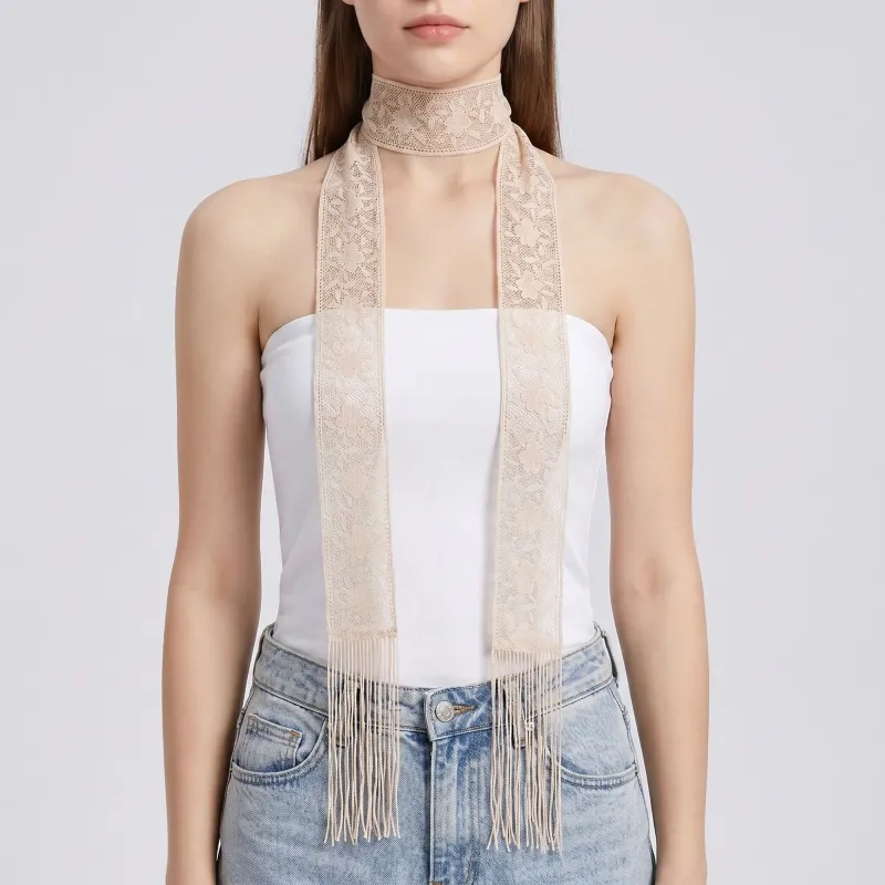 Lace Skinny Scarf with Floral Pattern Fringe Trim and Long Neck Tie Design made by Anna-Kaci