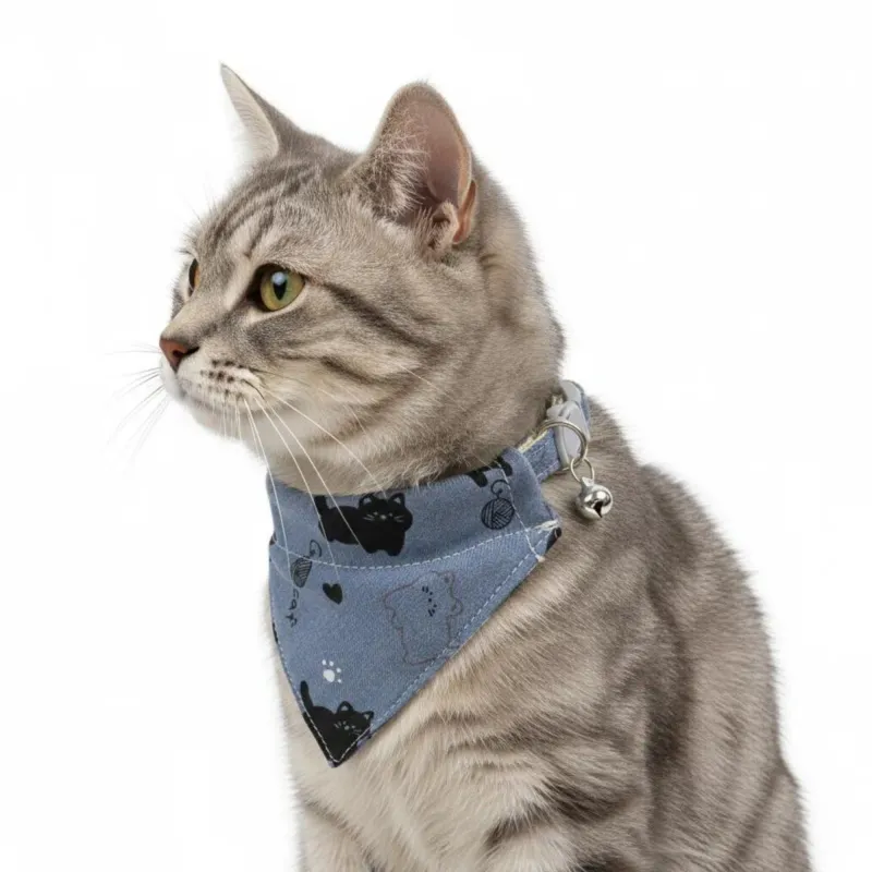 Pet Cat and Dog Bandana Collar with Bell Adjustable Cartoon Cat Print Scarf Bib made by Anna-Kaci