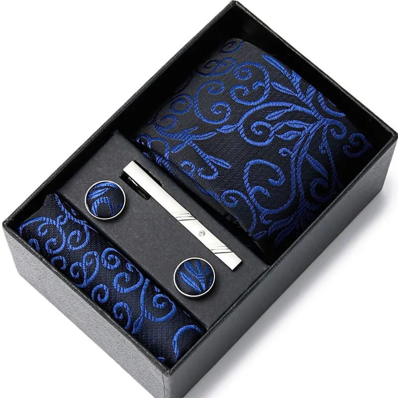 Men's Baroque Floral Tie Gift Set with Matching Pocket Square Cufflinks and Silver Tie Clip made by Anna-Kaci